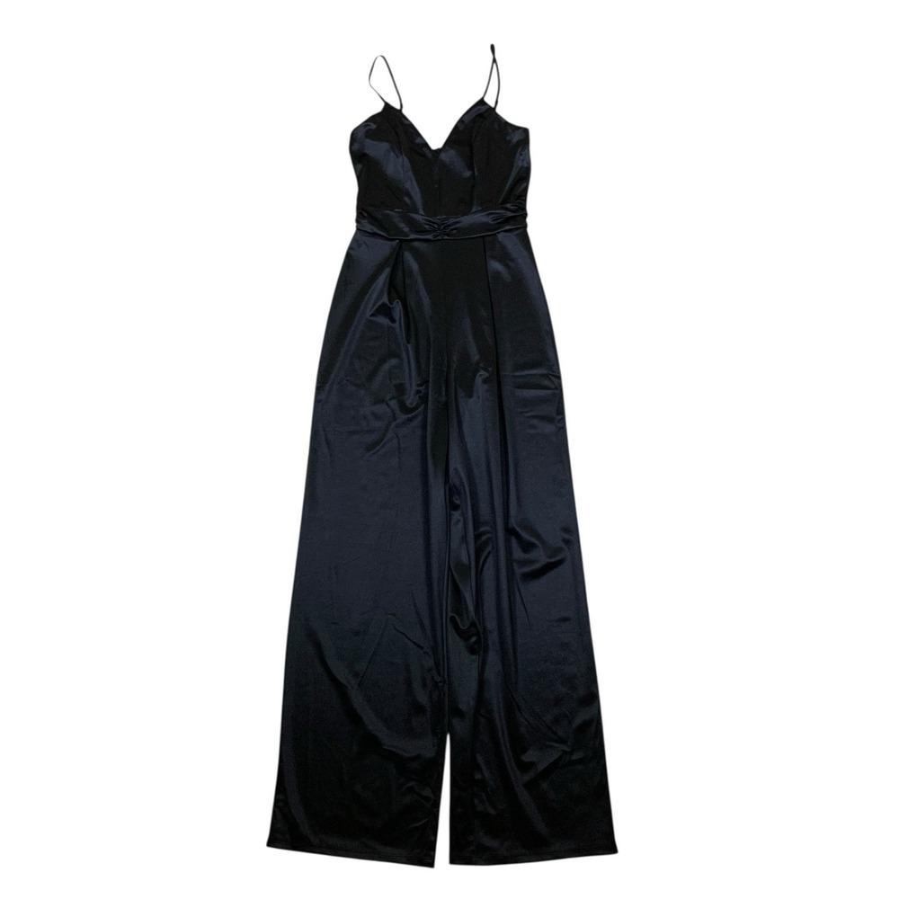 Emerald Sundae Black Satin Wide Leg Jumpsuit Formal Spaghetti‎ Strap 5 S
